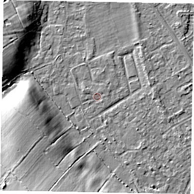 Shaded relief map of the ground around SL42QF, computed from Environment Agency LiDAR. The ground here sits at about 18 m above sea level and falls 16 m across the surrounding 800 m. Surface water reaching this point runs off ground lying to the west-north-west, 1.1 m higher.