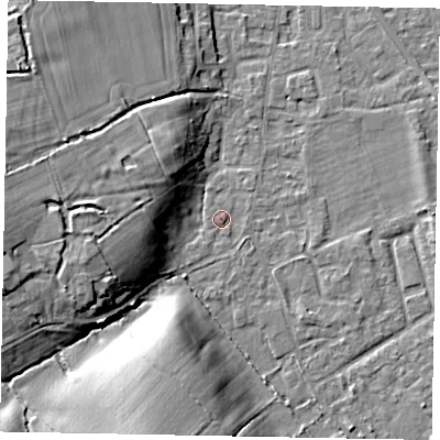 Shaded relief map of the ground around SL42QG, computed from Environment Agency LiDAR. The ground here sits at about 19 m above sea level and falls 12 m across the surrounding 800 m. Surface water reaching this point runs off ground lying to the south-south-west, 0.8 m higher.