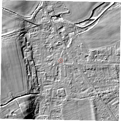 Shaded relief map of the ground around SL42QH, computed from Environment Agency LiDAR. The ground here sits at about 18 m above sea level and falls 11 m across the surrounding 800 m. Surface water reaching this point runs off ground lying to the south-west, 9.1 m higher.