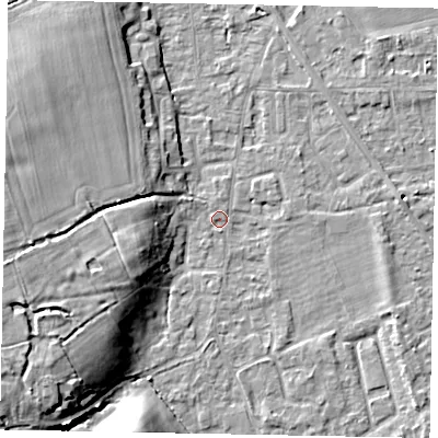 Shaded relief map of the ground around SL42QJ, computed from Environment Agency LiDAR. The ground here sits at about 18 m above sea level and falls 11 m across the surrounding 800 m. Surface water reaching this point runs off ground lying to the west-south-west, 11.1 m higher.