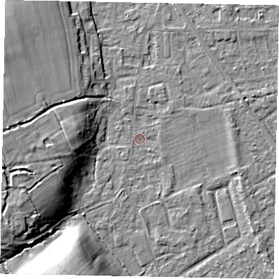 Shaded relief map of the ground around SL42QL, computed from Environment Agency LiDAR. The ground here sits at about 18 m above sea level and falls 11 m across the surrounding 800 m. Surface water reaching this point runs off ground lying to the west, 10.7 m higher.