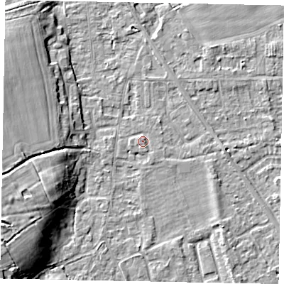 Shaded relief map of the ground around SL42QN, computed from Environment Agency LiDAR. The ground here sits at about 18 m above sea level and falls 11 m across the surrounding 800 m. Surface water reaching this point runs off ground lying to the east, 1.2 m higher.