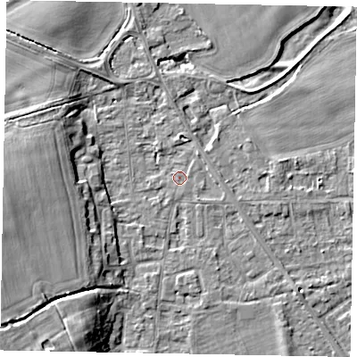 Shaded relief map of the ground around SL42QQ, computed from Environment Agency LiDAR. The ground here sits at about 18 m above sea level and falls 11 m across the surrounding 800 m. Surface water reaching this point runs off ground lying to the south-west, 9.5 m higher.