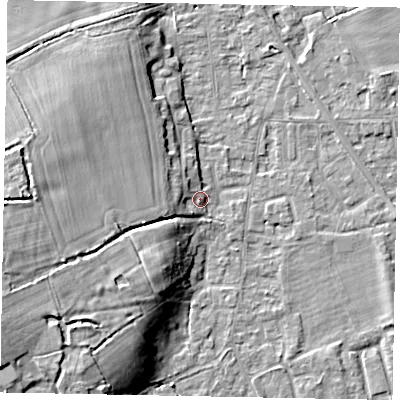 Shaded relief map of the ground around SL42QS, computed from Environment Agency LiDAR. The ground here sits at about 19 m above sea level and falls 12 m across the surrounding 800 m. Surface water reaching this point runs off ground lying to the west-south-west, 4.6 m higher.