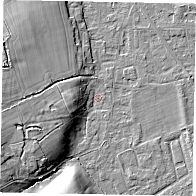 Shaded relief map of the ground around SL42QU, computed from Environment Agency LiDAR. The ground here sits at about 18 m above sea level and falls 12 m across the surrounding 800 m. Surface water reaching this point runs off ground lying to the west-south-west, 11.0 m higher.