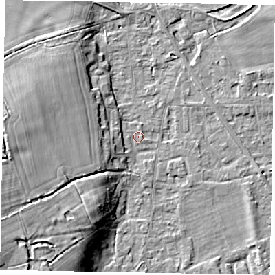 Shaded relief map of the ground around SL42QW, computed from Environment Agency LiDAR. The ground here sits at about 18 m above sea level and falls 12 m across the surrounding 800 m. Surface water reaching this point runs off ground lying to the west-south-west, 11.2 m higher.
