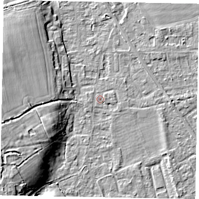 Shaded relief map of the ground around SL42QX, computed from Environment Agency LiDAR. The ground here sits at about 18 m above sea level and falls 11 m across the surrounding 800 m. Surface water reaching this point runs off ground lying to the west-south-west, 10.7 m higher.