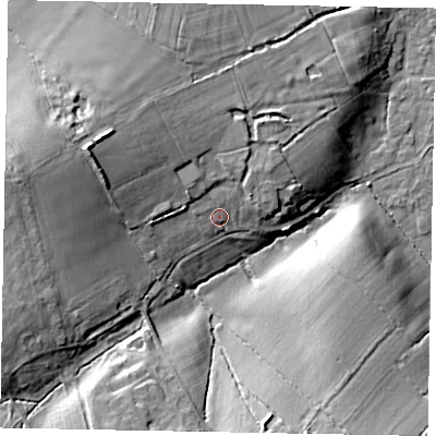 Shaded relief map of the ground around SL42QY, computed from Environment Agency LiDAR. The ground here sits at about 25 m above sea level and falls 17 m across the surrounding 800 m. Surface water reaching this point runs off ground lying to the north-west, 7.2 m higher.