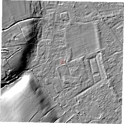 Shaded relief map of the ground around SL42RB, computed from Environment Agency LiDAR. The ground here sits at about 18 m above sea level and falls 13 m across the surrounding 800 m. Surface water reaching this point runs off ground lying to the west, 8.6 m higher.