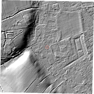 Shaded relief map of the ground around SL42RD, computed from Environment Agency LiDAR. The ground here sits at about 19 m above sea level and falls 13 m across the surrounding 800 m. Surface water reaching this point runs off ground lying to the south-east, 1.1 m higher.