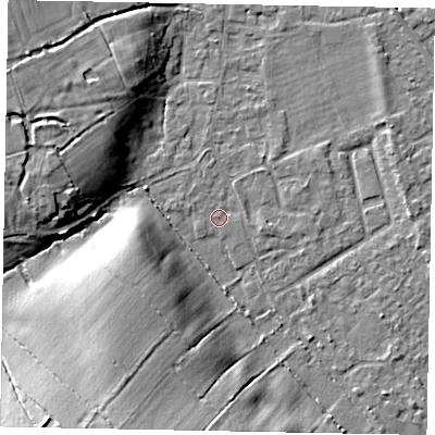 Shaded relief map of the ground around SL42RE, computed from Environment Agency LiDAR. The ground here sits at about 19 m above sea level and falls 14 m across the surrounding 800 m. Surface water reaching this point runs off ground lying to the west-south-west, 0.6 m higher.