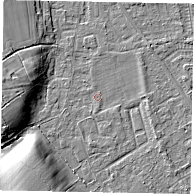 Shaded relief map of the ground around SL42RF, computed from Environment Agency LiDAR. The ground here sits at about 18 m above sea level and falls 12 m across the surrounding 800 m. Surface water reaching this point runs off ground lying to the west, 8.7 m higher.