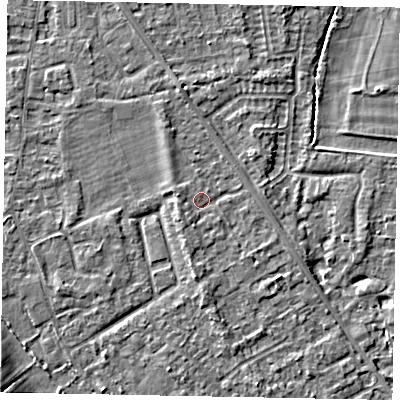 Shaded relief map of the ground around SL42RG, computed from Environment Agency LiDAR. The ground here sits at about 18 m above sea level and falls 10 m across the surrounding 800 m. Surface water reaching this point runs off ground lying to the south, 1.8 m higher.