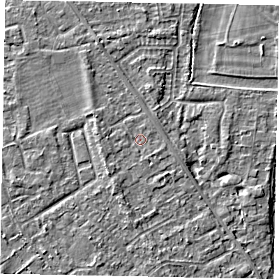 Shaded relief map of the ground around SL42RH, computed from Environment Agency LiDAR. The ground here sits at about 18 m above sea level and falls 7 m across the surrounding 800 m. Surface water reaching this point runs off ground lying to the south-west, 1.7 m higher.