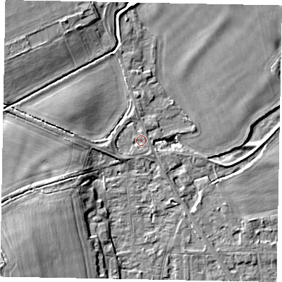 Shaded relief map of the ground around SL42RJ, computed from Environment Agency LiDAR. The ground here sits at about 18 m above sea level and falls 11 m across the surrounding 800 m. Surface water reaching this point runs off ground lying to the west, 1.8 m higher.
