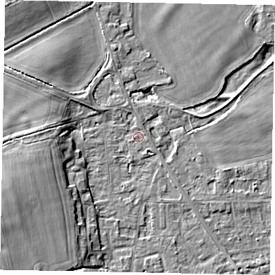 Shaded relief map of the ground around SL42RL, computed from Environment Agency LiDAR. The ground here sits at about 18 m above sea level and falls 11 m across the surrounding 800 m. Surface water reaching this point runs off ground lying to the west-south-west, 6.0 m higher.
