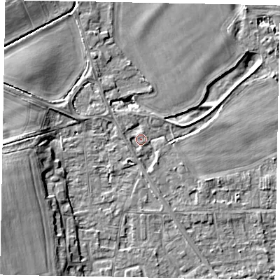 Shaded relief map of the ground around SL42RN, computed from Environment Agency LiDAR. The ground here sits at about 18 m above sea level and falls 9 m across the surrounding 800 m. Surface water reaching this point runs off ground lying to the south-east, 1.3 m higher.