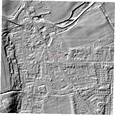 Shaded relief map of the ground around SL42RP, computed from Environment Agency LiDAR. The ground here sits at about 18 m above sea level and falls 10 m across the surrounding 800 m. Surface water reaching this point runs off ground lying to the east-north-east, 0.9 m higher.