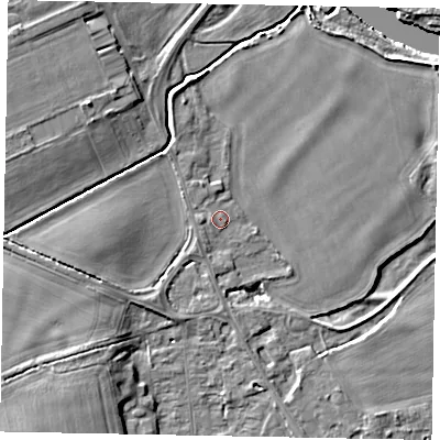 Shaded relief map of the ground around SL42RQ, computed from Environment Agency LiDAR. The ground here sits at about 18 m above sea level and falls 9 m across the surrounding 800 m. Surface water reaching this point runs off ground lying to the west, 0.8 m higher.