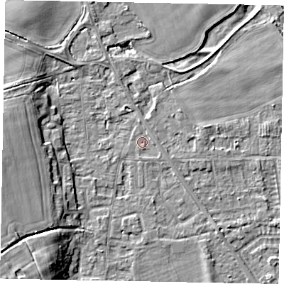 Shaded relief map of the ground around SL42RR, computed from Environment Agency LiDAR. The ground here sits at about 18 m above sea level and falls 11 m across the surrounding 800 m. Surface water reaching this point runs off ground lying to the east, 0.7 m higher.