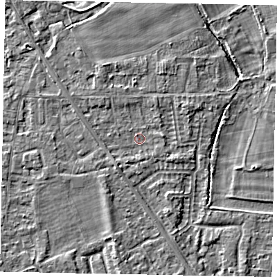 Shaded relief map of the ground around SL42RS, computed from Environment Agency LiDAR. The ground here sits at about 18 m above sea level and falls 4 m across the surrounding 800 m. Surface water reaching this point runs off ground lying to the south-west, 2.2 m higher.