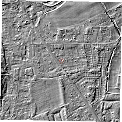 Shaded relief map of the ground around SL42RT, computed from Environment Agency LiDAR. The ground here sits at about 18 m above sea level and falls 5 m across the surrounding 800 m. Surface water reaching this point runs off ground lying to the south, 0.7 m higher.