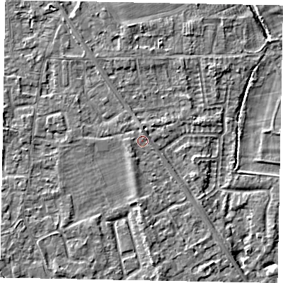 Shaded relief map of the ground around SL42RU, computed from Environment Agency LiDAR. The ground here sits at about 18 m above sea level and falls 4 m across the surrounding 800 m. Surface water reaching this point runs off ground lying to the south, 1.8 m higher.