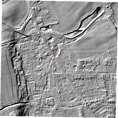 Shaded relief map of the ground around SL42RW, computed from Environment Agency LiDAR. The ground here sits at about 18 m above sea level and falls 10 m across the surrounding 800 m. Surface water reaching this point runs off ground lying to the east-south-east, 0.9 m higher.