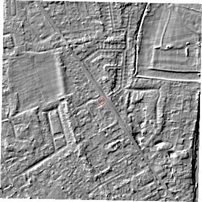 Shaded relief map of the ground around SL42RX, computed from Environment Agency LiDAR. The ground here sits at about 18 m above sea level and falls 4 m across the surrounding 800 m. Surface water reaching this point runs off ground lying to the south-south-west, 1.8 m higher.