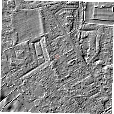 Shaded relief map of the ground around SL42RY, computed from Environment Agency LiDAR. The ground here sits at about 18 m above sea level and falls 12 m across the surrounding 800 m. Surface water reaching this point runs off ground lying to the west-south-west, 1.4 m higher.