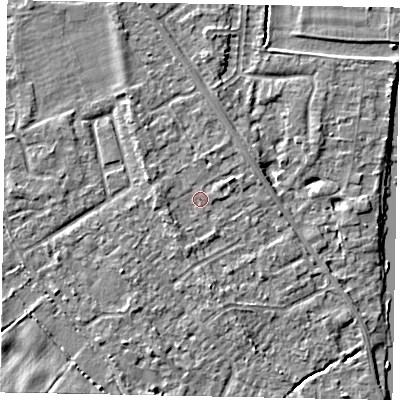 Shaded relief map of the ground around SL42RZ, computed from Environment Agency LiDAR. The ground here sits at about 18 m above sea level and falls 13 m across the surrounding 800 m. Surface water reaching this point runs off ground lying to the west, 1.5 m higher.