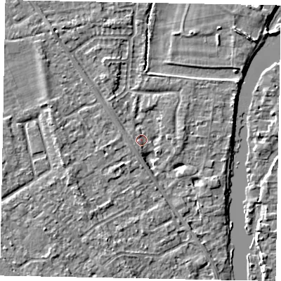 Shaded relief map of the ground around SL42SA, computed from Environment Agency LiDAR. The ground here sits at about 18 m above sea level and falls 4 m across the surrounding 800 m. Surface water reaching this point runs off ground lying to the south-south-west, 3.6 m higher.