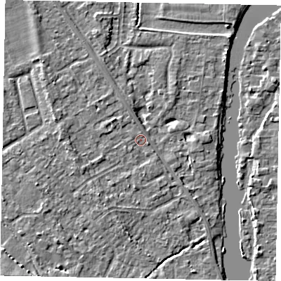 Shaded relief map of the ground around SL42SB, computed from Environment Agency LiDAR. The ground here sits at about 18 m above sea level and falls 9 m across the surrounding 800 m. Surface water reaching this point runs off ground lying to the south-west, 2.2 m higher.
