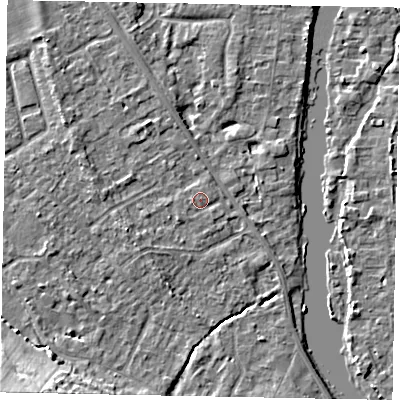Shaded relief map of the ground around SL42SD, computed from Environment Agency LiDAR. The ground here sits at about 18 m above sea level and falls 17 m across the surrounding 800 m. Surface water reaching this point runs off ground lying to the west, 0.7 m higher.