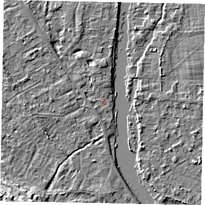 Shaded relief map of the ground around SL42SE, computed from Environment Agency LiDAR. The ground here sits at about 17 m above sea level and falls 14 m across the surrounding 800 m. Surface water reaching this point runs off ground lying to the west, 3.6 m higher.