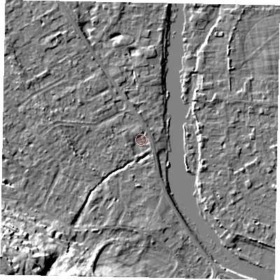 Shaded relief map of the ground around SL42SG, computed from Environment Agency LiDAR. The ground here sits at about 17 m above sea level and falls 23 m across the surrounding 800 m. Surface water reaching this point runs off ground lying to the west-north-west, 1.2 m higher.