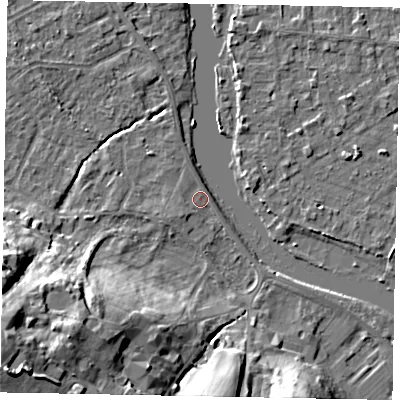 Shaded relief map of the ground around SL42SH, computed from Environment Agency LiDAR. The ground here sits at about 17 m above sea level and falls 26 m across the surrounding 800 m. Surface water reaching this point runs off ground lying to the south-west, 1.3 m higher.