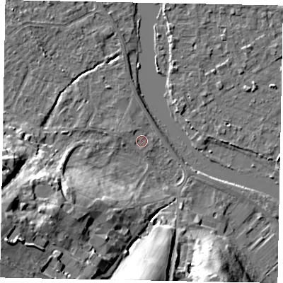 Shaded relief map of the ground around SL42SJ, computed from Environment Agency LiDAR. The ground here sits at about 17 m above sea level and falls 26 m across the surrounding 800 m. Surface water reaching this point runs off ground lying to the north-west, 1.4 m higher.