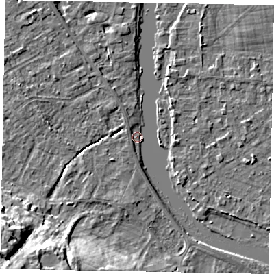Shaded relief map of the ground around SL42SL, computed from Environment Agency LiDAR. The ground here sits at about 16 m above sea level and falls 21 m across the surrounding 800 m. Surface water reaching this point runs off ground lying to the south-west, 21.4 m higher.