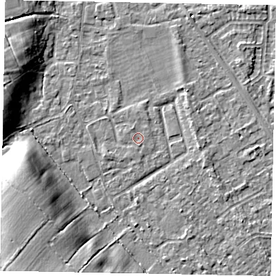 Shaded relief map of the ground around SL42SN, computed from Environment Agency LiDAR. The ground here sits at about 18 m above sea level and falls 13 m across the surrounding 800 m. Surface water reaching this point runs off ground lying to the north-north-west, 0.6 m higher.