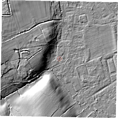 Shaded relief map of the ground around SL42SP, computed from Environment Agency LiDAR. The ground here sits at about 19 m above sea level and falls 12 m across the surrounding 800 m. Surface water reaching this point runs off ground lying to the south-west, 0.7 m higher.