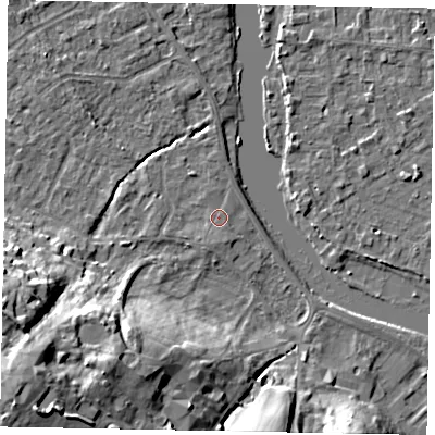 Shaded relief map of the ground around SL42SQ, computed from Environment Agency LiDAR. The ground here sits at about 18 m above sea level and falls 27 m across the surrounding 800 m. Surface water reaching this point runs off ground lying to the south, 0.8 m higher.