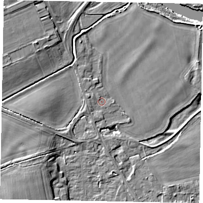 Shaded relief map of the ground around SL42SR, computed from Environment Agency LiDAR. The ground here sits at about 18 m above sea level and falls 10 m across the surrounding 800 m. Surface water reaching this point runs off ground lying to the west-south-west, 3.9 m higher.