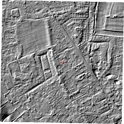 Shaded relief map of the ground around SL42ST, computed from Environment Agency LiDAR. The ground here sits at about 18 m above sea level and falls 10 m across the surrounding 800 m. Surface water reaching this point runs off ground lying to the west-south-west, 1.0 m higher.
