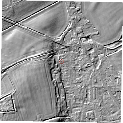 Shaded relief map of the ground around SL42SY, computed from Environment Agency LiDAR. The ground here sits at about 18 m above sea level and falls 13 m across the surrounding 800 m. Surface water reaching this point runs off ground lying to the south-west, 11.8 m higher.