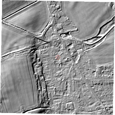 Shaded relief map of the ground around SL42SZ, computed from Environment Agency LiDAR. The ground here sits at about 18 m above sea level and falls 12 m across the surrounding 800 m. Surface water reaching this point runs off ground lying to the south-west, 10.7 m higher.
