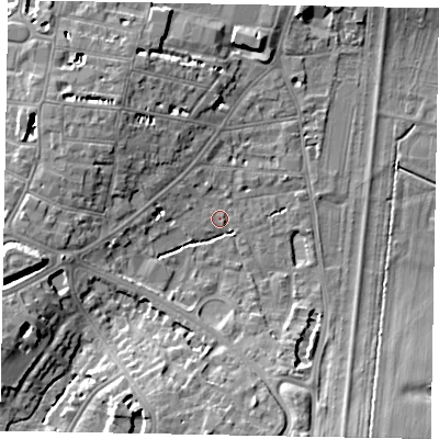 Shaded relief map of the ground around SL43AL, computed from Environment Agency LiDAR. The ground here sits at about 21 m above sea level and falls 10 m across the surrounding 800 m. Surface water reaching this point runs off ground lying to the west-south-west, 5.7 m higher.