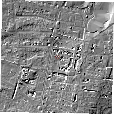 Shaded relief map of the ground around SL43BA, computed from Environment Agency LiDAR. The ground here sits at about 21 m above sea level and falls 8 m across the surrounding 800 m. Surface water reaching this point runs off ground lying to the south-south-east, 6.0 m higher.