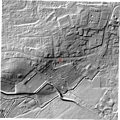 Shaded relief map of the ground around SL43DR, computed from Environment Agency LiDAR. The ground here sits at about 28 m above sea level and falls 10 m across the surrounding 800 m. Surface water reaching this point runs off ground lying to the west-north-west, 4.5 m higher.