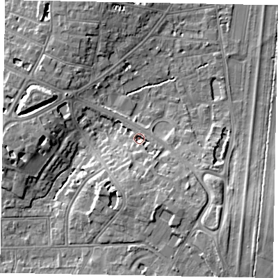 Shaded relief map of the ground around SL43EG, computed from Environment Agency LiDAR. The ground here sits at about 23 m above sea level and falls 10 m across the surrounding 800 m. Surface water reaching this point runs off ground lying to the south-east, 6.1 m higher.